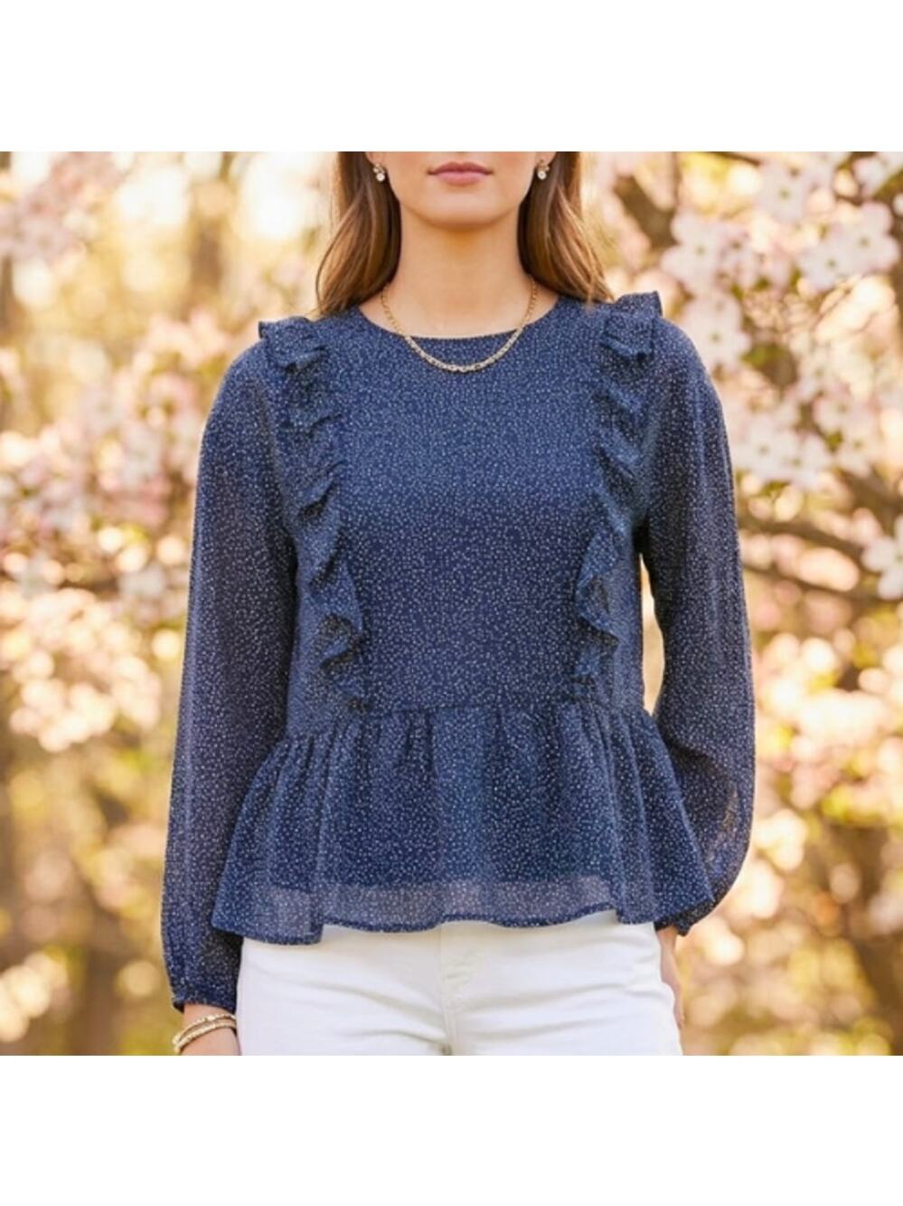 H&M Blue & White Speckled Peplum Ruffle Blouse 6 (small) NWT